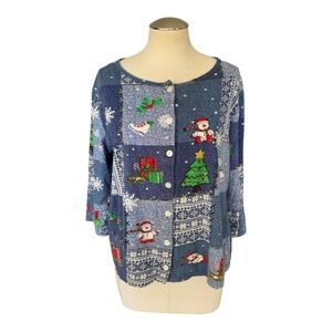 Take Two Christmas Cardigan Blue Snowman Tree Holiday Cotton Sweater L
